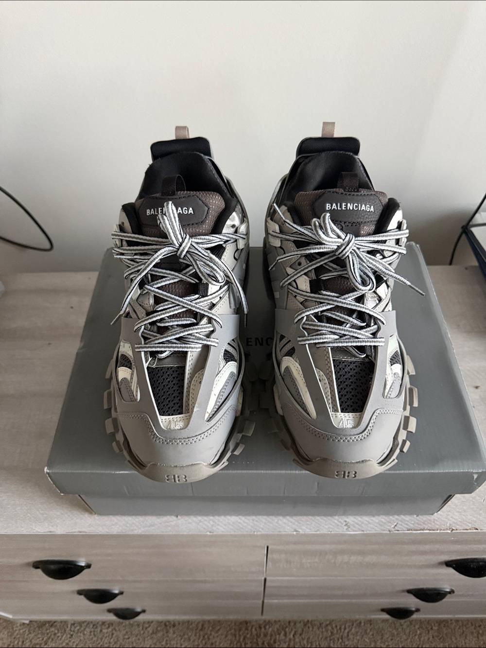 Balenciaga Chunky Track Sneakers in Gray, Black and Cream - Picture 2 of 5